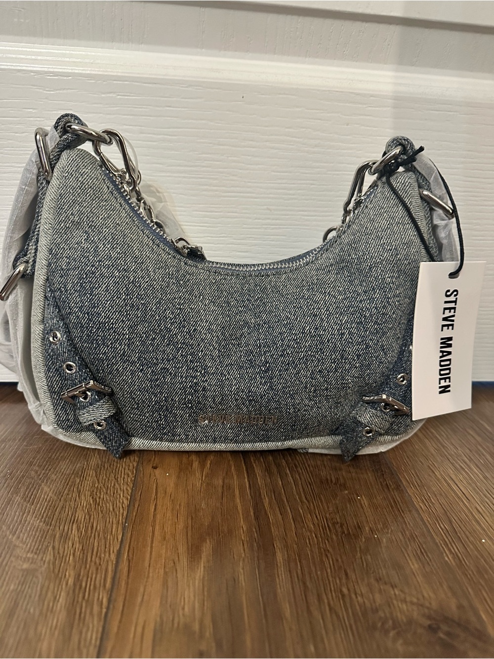 Steve Madden Grey-Blue Denim Crescent Shoulder Bag